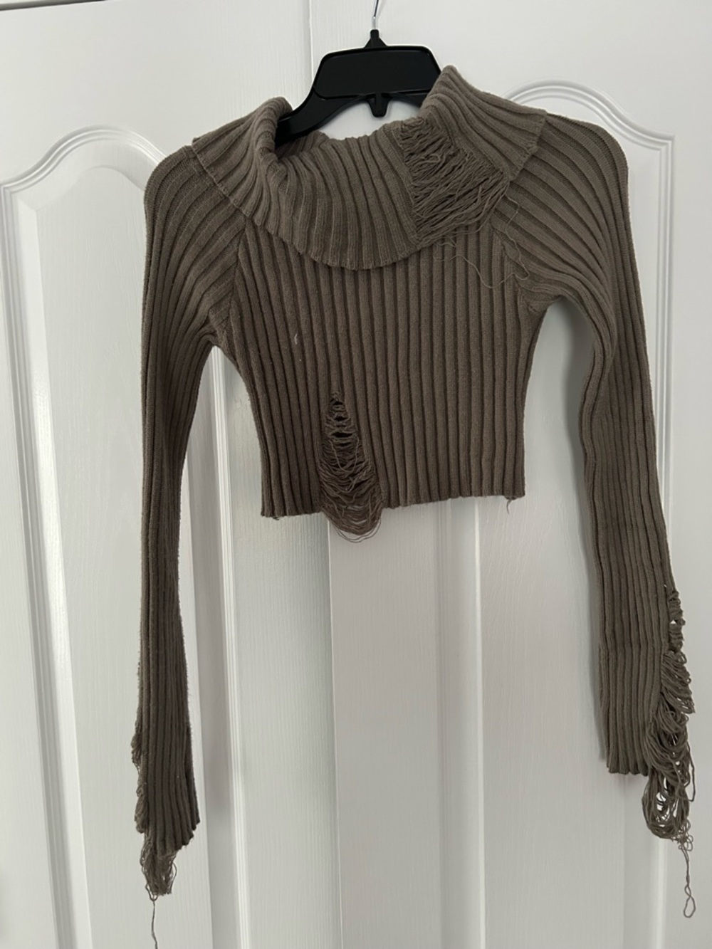 Cropped Ribbed Cowl Neck Sweater in Taupe